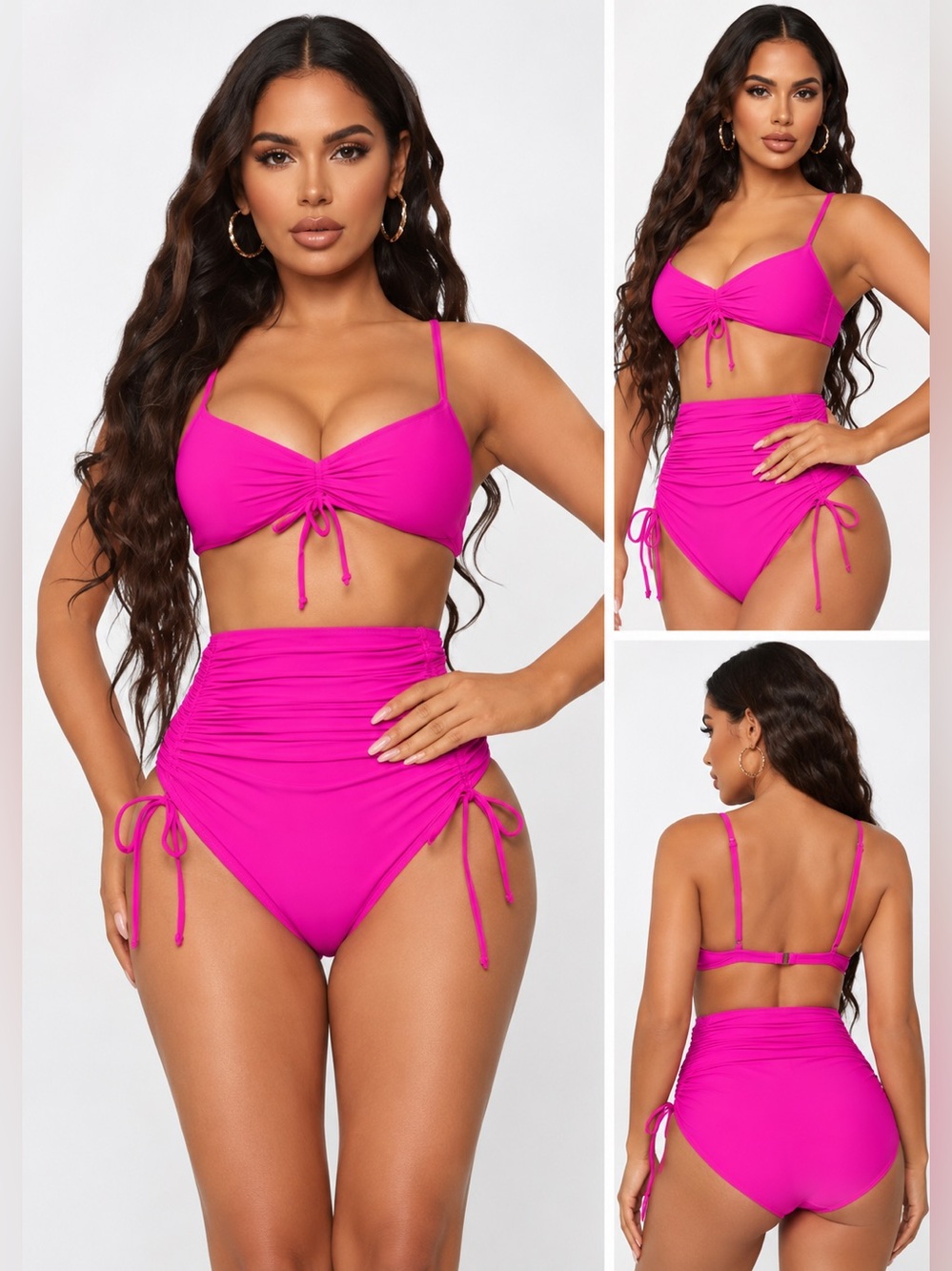 🩷. 1240. Hot Pink High-Waisted Bikini Set – Ruched Tummy Control Two-Piece